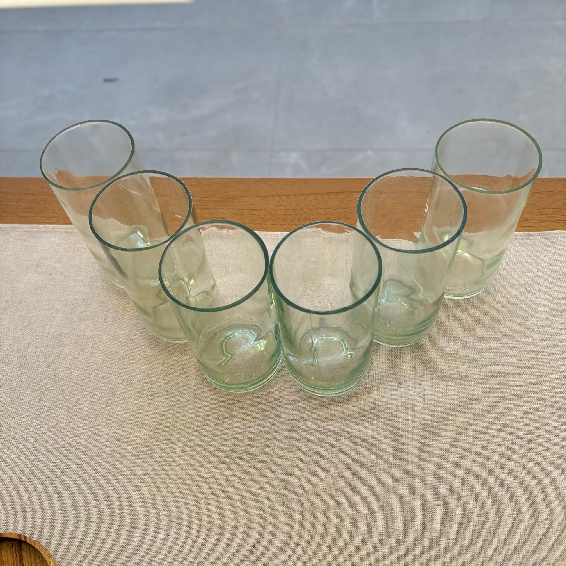 Image of six up-cycled 500ml up-cycled glass tumblers in clear colour, durable and dishwasher safe.