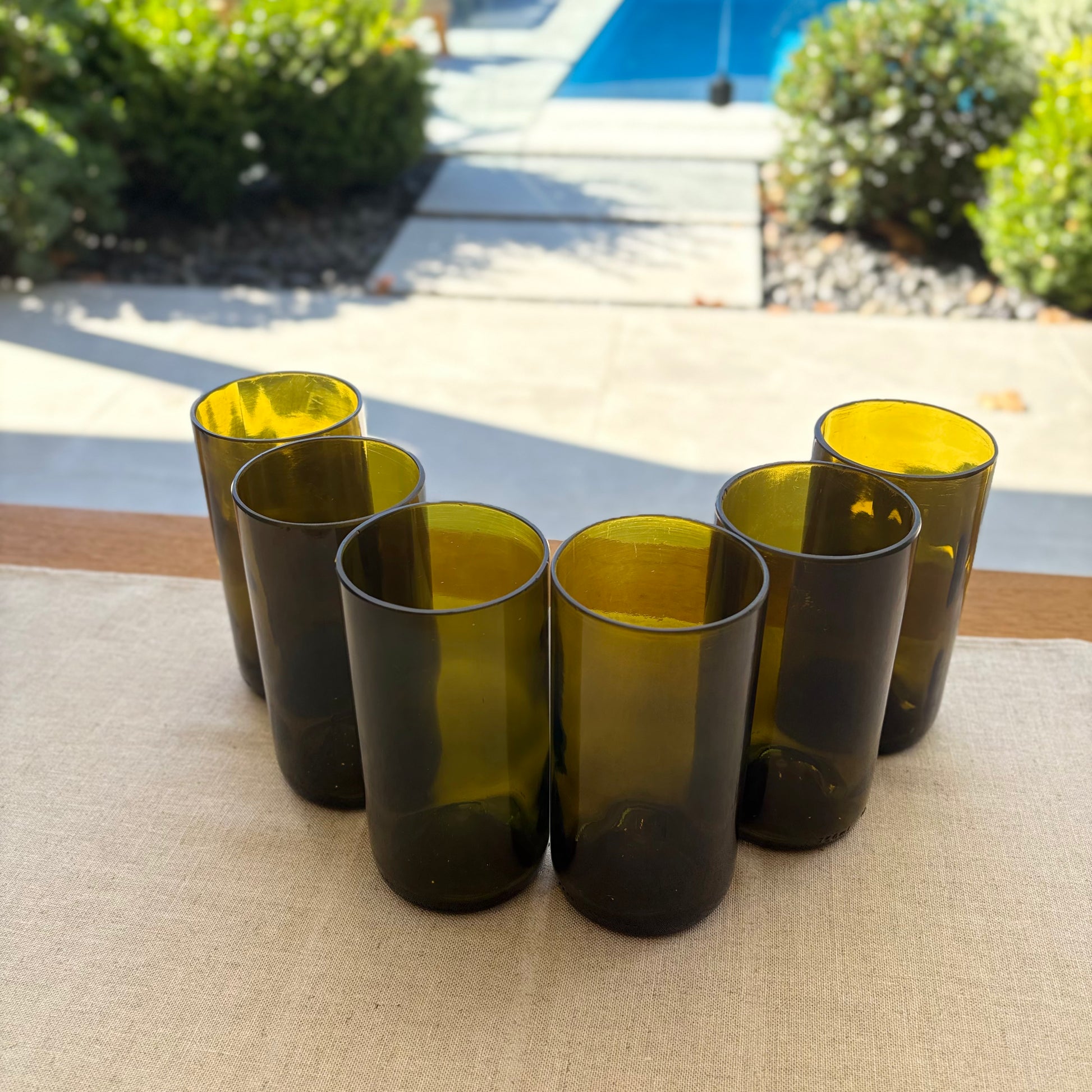 Image of six up-cycled 500ml up-cycled glass tumblers in clear colour, durable and dishwasher safe.